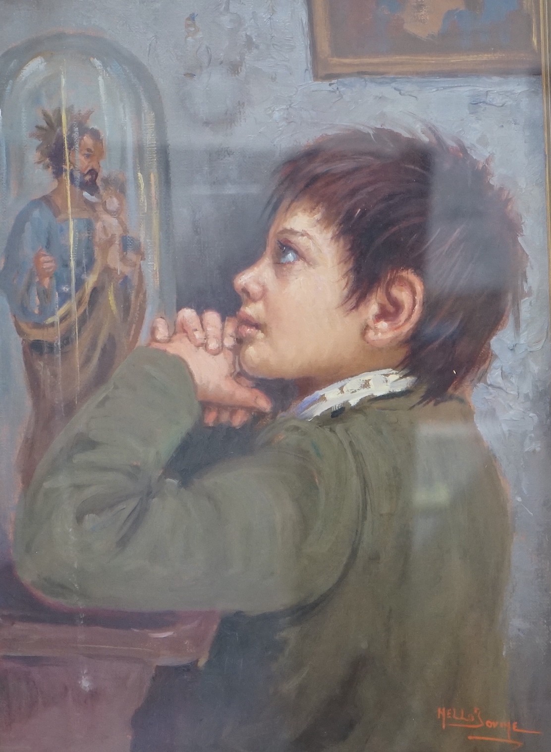 Nello Iovine Italian (b. 1935), oil on canvas, Child at prayer, signed, 39 x 29cm